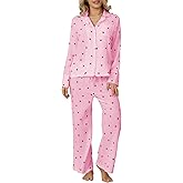 WNGECAT Women 2 Piece Valentine's Day Pajama Set Heart Print Long Sleeves Button Shirt and Elastic Pants Loungewear Sleepwear