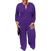 YeGine Plus Size Women Long Sleeve Loose Jumpsuit Casual Rompers One Piece Button Up Wide Leg Jumpsuits