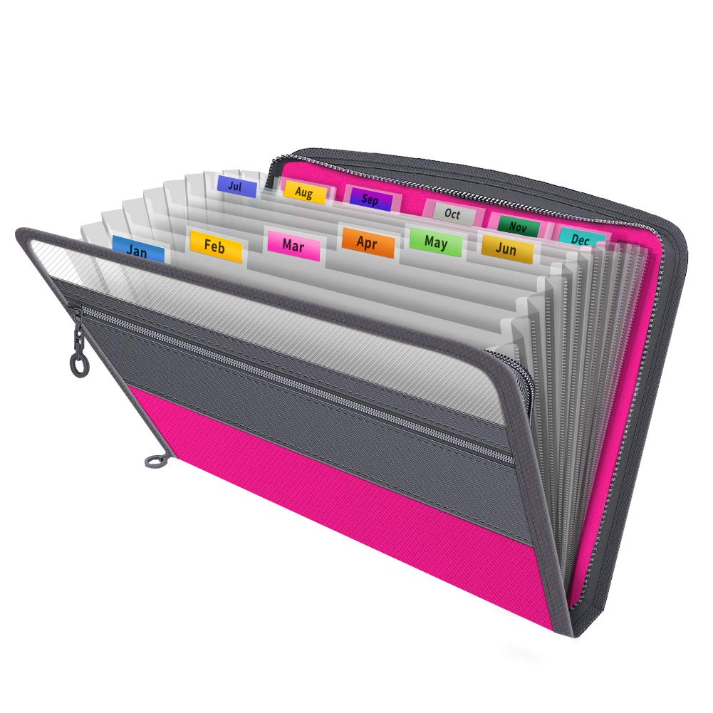Expanding File Folder,Fun Storage Document Organiser Box Files,13 Pockets Zip Filing Folders,5 Colours,Accordian File Folder with Tabs,Expandable Documents Wallet Accordion File Organisers, Pink