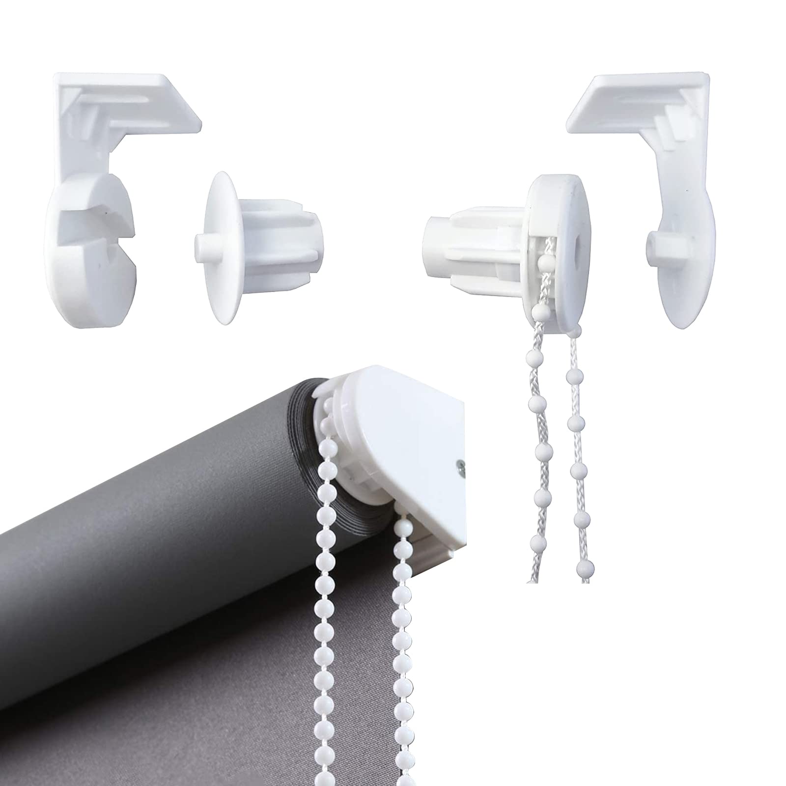 Child Safe Roller Blind Fittings - 25mm Plastic Spare Replacement Repair Kit with Beaded Chain for Curtain Rods and Blackout Brackets