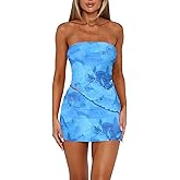 Goafuliy Two Piece Skirt Set for Women Summer Asymmetrical Mesh Strapless Tube Tops Mini Skirt Set Going Out Outfits