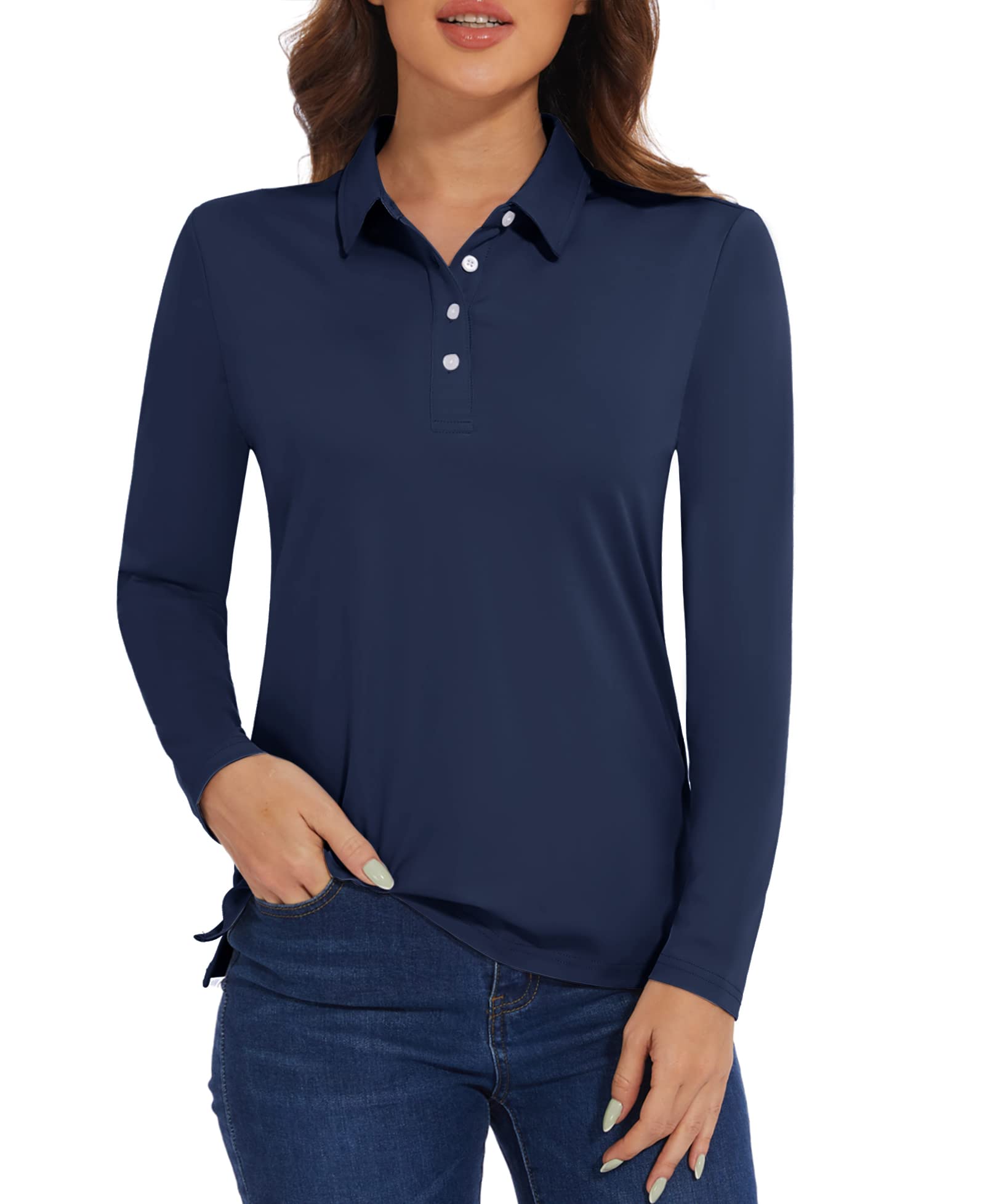 Photo 1 of  BLACK SHIRT —- MAGCOMSEN Women's Long Sleeve Polo Golf Collared Shirts SPF Shirts for Women Tennis T-Shirts V-Neck Tee Athletic Navy,M