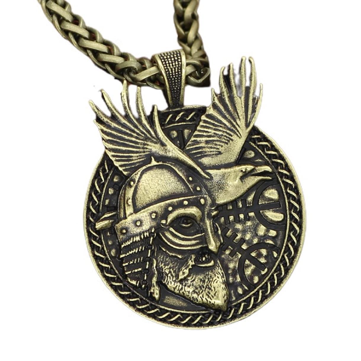 Nordic Viking Odin Helmet Amulet Necklace for Men, Hip Hop Flying Hawk Necklace Viking Valknut Runes Necklace for Boys (Gold)