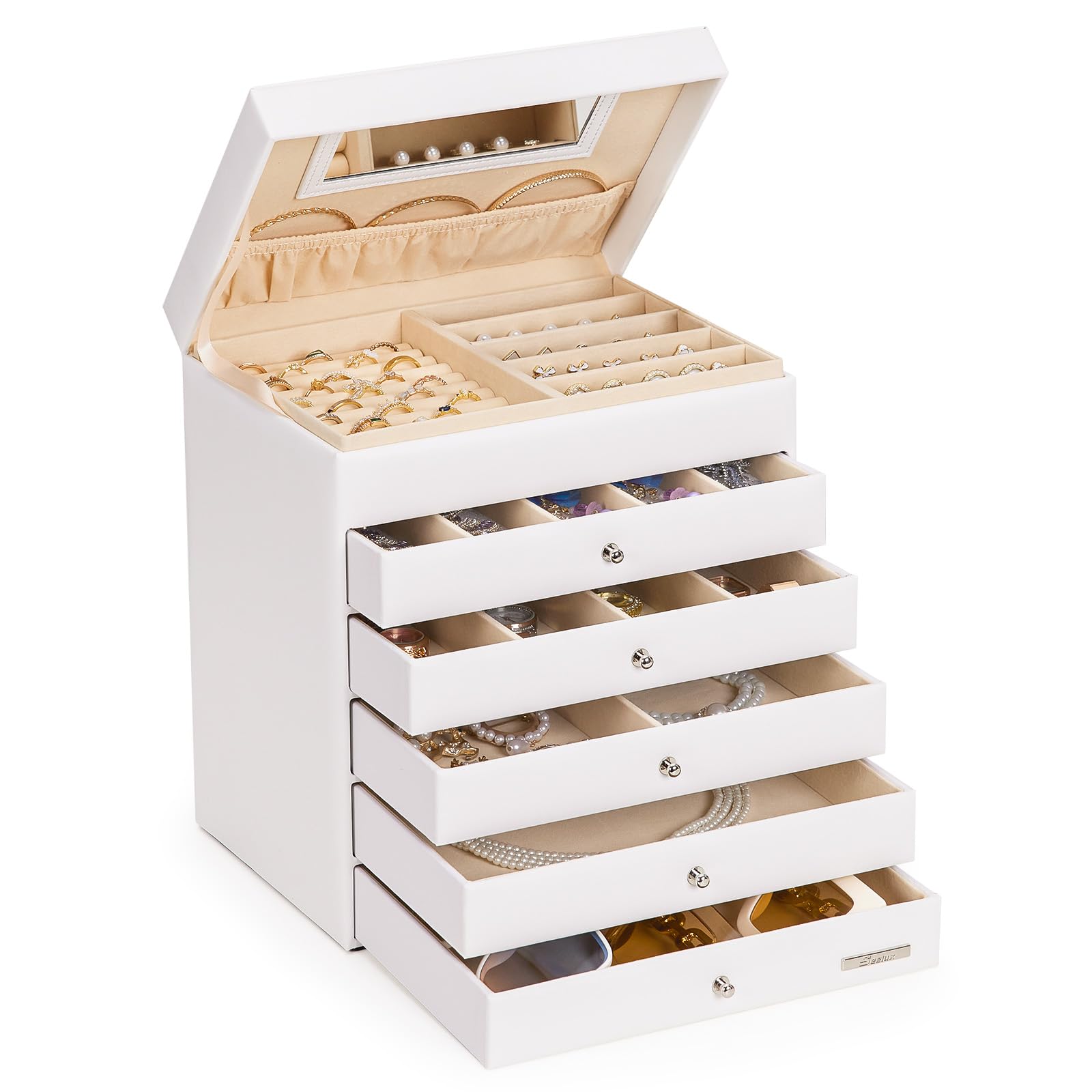 Seelux Jewellery Box, Large Storage Organizer Boxes, with 5 drawers and mirror, Bracelets, Earrings, Rings, Necklaces Holder Case for women girls, Artificial Leather(White)