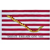 Don't Tread On Me Gadsden Red and White Striped 1st Navy Jack American Flags 3x5 Feet - Double-Sided Embroidery "Don't Tread on Me" Rattle Snake US Flag Outdoor Banner - Heavy Duty 100% 300D Nylon with 2 Brass Rust-Resistant Grommets.