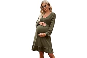 Coolmee Women's Maternity Short Sleeve Ruffle Dress V Neck Summer Casual Smocked Flowy Midi Dress for Baby Shower Photoshoot