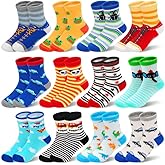 Padgene 10 Pairs Kids Boys Fun Novelty Socks Toddler None Slip Cotton Crew Dress Socks Cartoon Dinosaur Car Shark Stripes