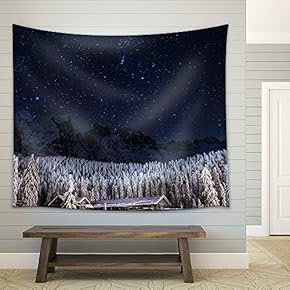 Winter Landscape - Trees and Mountains with Snow Under The Starry Sky - Fabric Wall Tapestry Home Decor - 51x60 inches