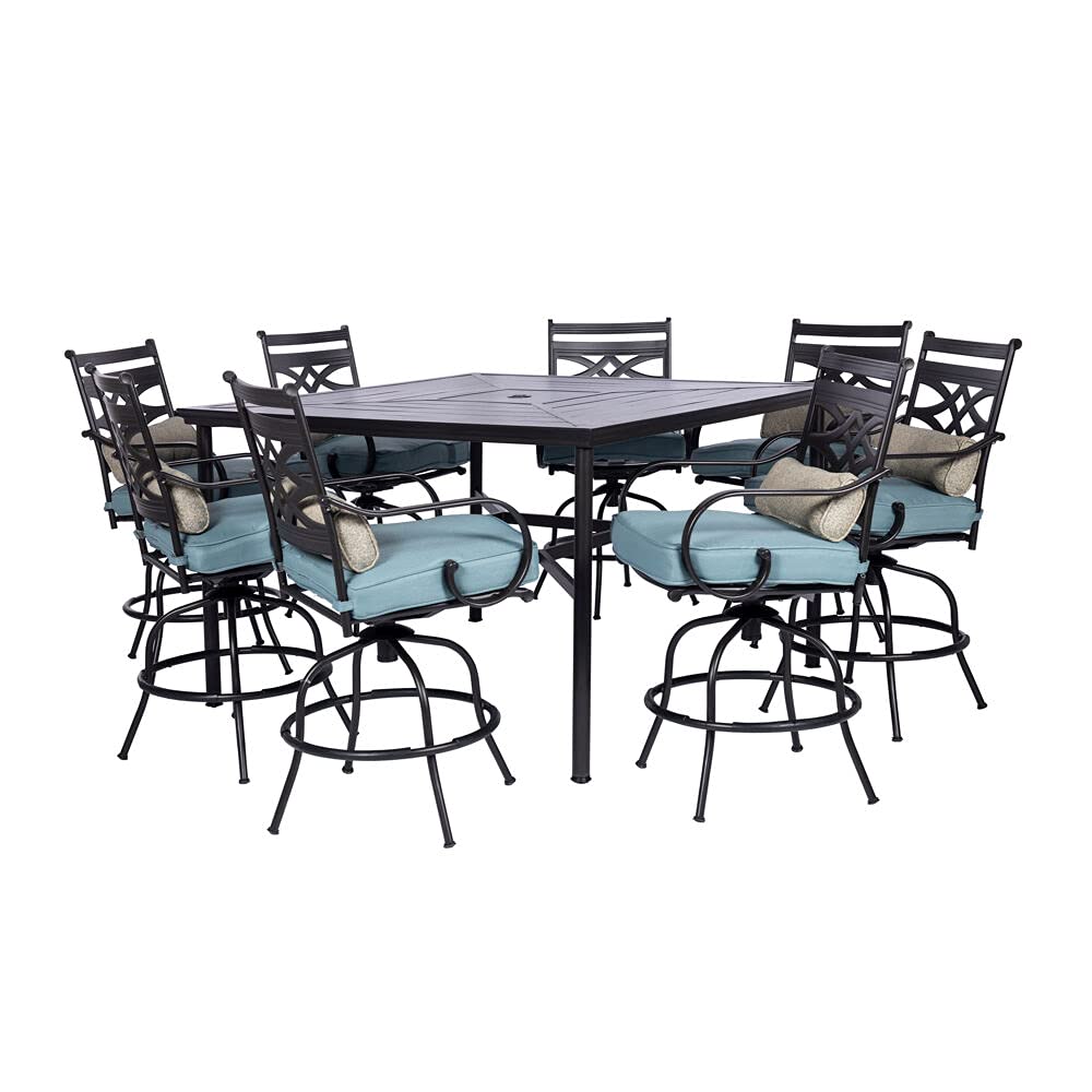 Hanover Montclair 9-Piece Outdoor Dining Set, 8 Swivel Counter-Height Chairs with Comfortable Seat and Lumbar Cushions, 60″ Square Stamped Rectangle Table, All-Weather Outdoor Patio Dining Set for 8