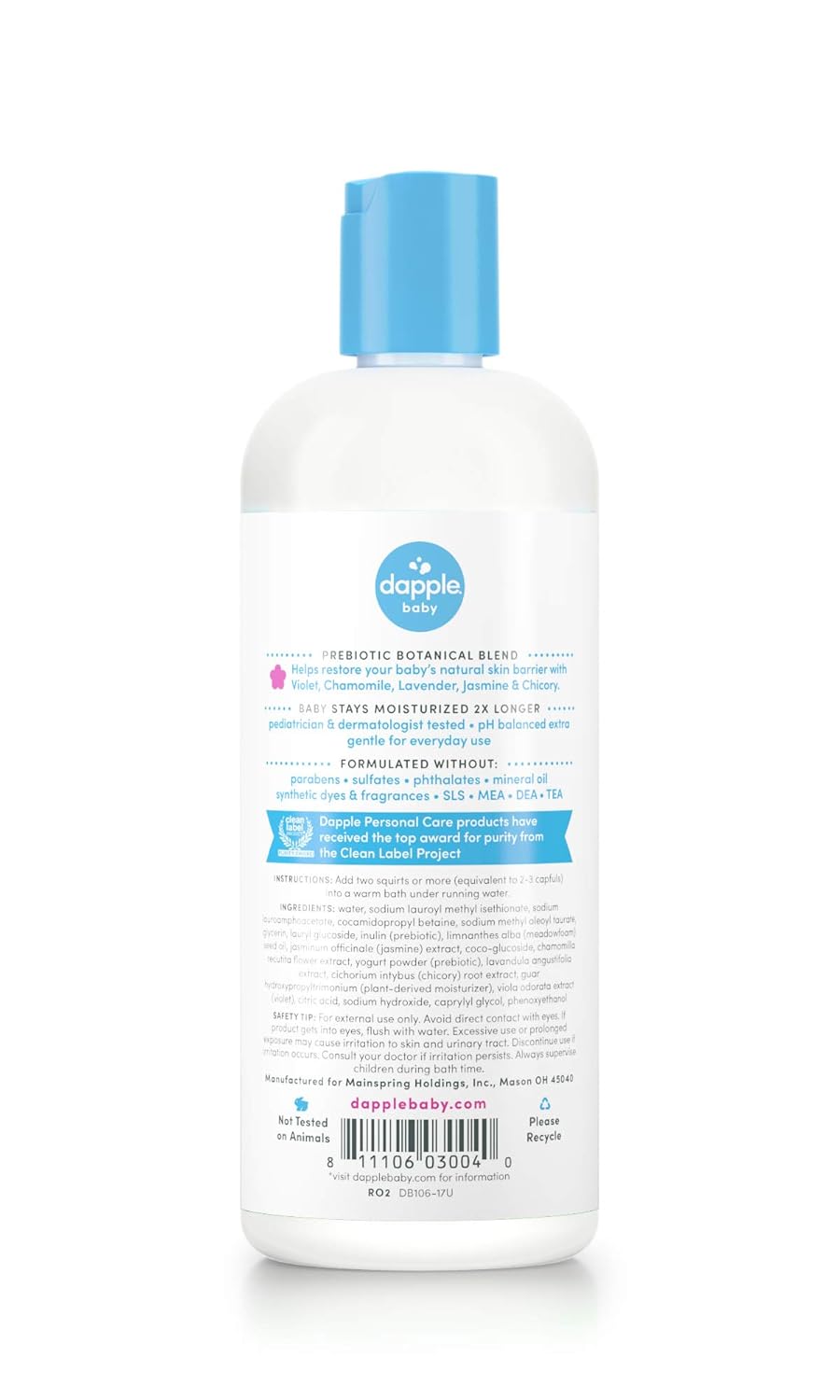 DAPPLE Baby Bubble Bath, Fragrance Free Bubble Bath, Plant Based, Hypoallergenic, 16.9 Fluid Ounces : Beauty