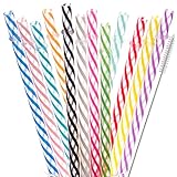 DAKOUFISH 12 Piece 11 Inch Reusable Plastic Thick Drinking Straws BPA Free Mason Jar Straws Transparent Small Stripe (11inch, Mix 12color)