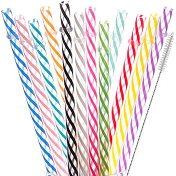 DAKOUFISH 12 Piece 11 Inch Reusable Plastic Thick Drinking Straws BPA Free Mason Jar Straws Transparent Small Stripe (11inch, Mix 12color)