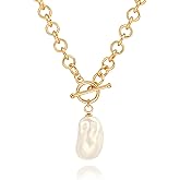 18k Gold Plated Chain Link Necklace for Women, Baroque Pearl/Compass Pendant Necklace