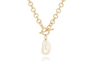 PEARLADA 18k Gold Chain Link Necklace for Women, Baroque Pearl/Compass Pendant Necklace