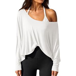 Fisoew Womens Off the Shoulder Tops Oversized Batwing Long Sleeve Workout T Shirts Asymmetrical Casual Tee
