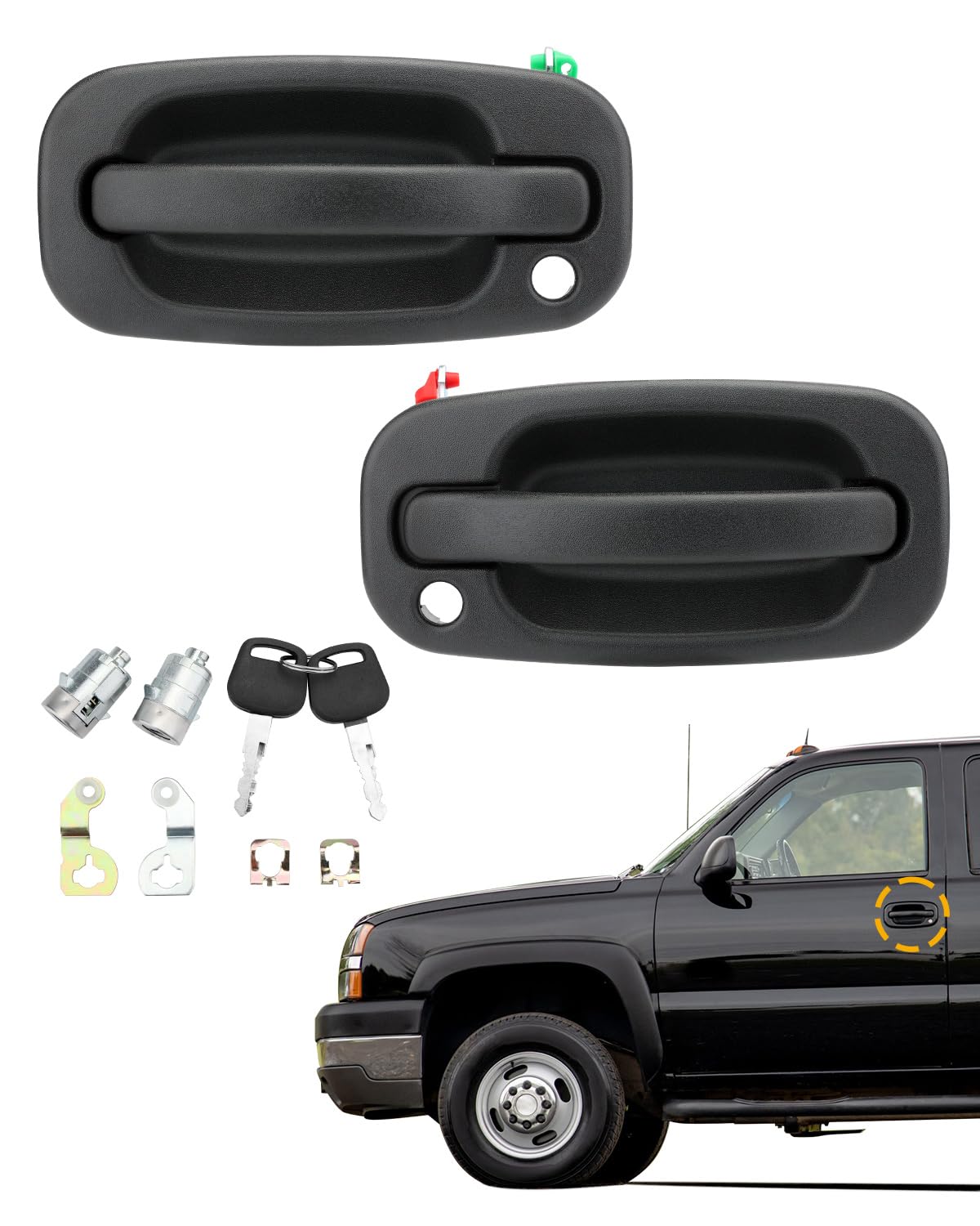 Photo 1 of Exterior Door Handles (Pair), w/Lock Cylinders & Keys, Compatible with 1999-2007 Chevy Silverado Suburban Tahoe Avalanche GMC Sierra Yukon Cadillac Escalade, Front Left & Right, OE# 15034985 15034986