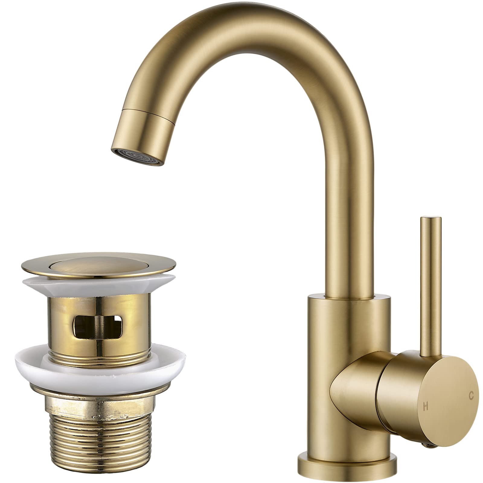 Basin Tap with Waste, NewEast Gold Bathroom Sink Mixer Tap Single Lever Solid Brass