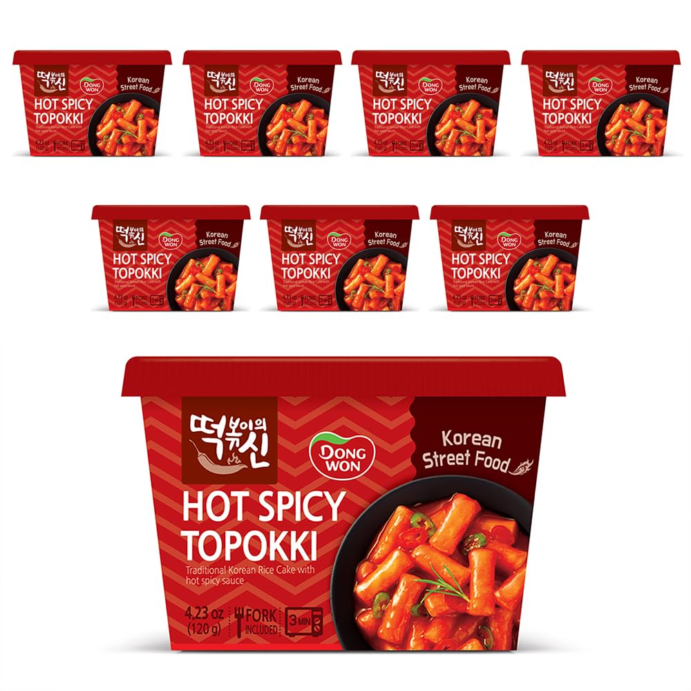 Photo 1 of [Dongwon] Intense Fiery Hot Spicy Korean Rice Cake Topokki | Popular Korean Street Food | Easy to Prepare | Bold and Flavorful Chewy Snack for Spice Enthusiasts (8 Bowls)