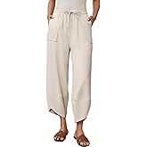 grewley Womens Barrel Harem Linen Pants Wide Leg Pants Baggy Palazzo Drawstring Elastic Waist with Pockets Beach