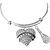 Crystal Tennis Heart Expandable SiIver Charm Bracelet Adjustable Wire Bangle Trendy Stacking Team Sport Coach Gift