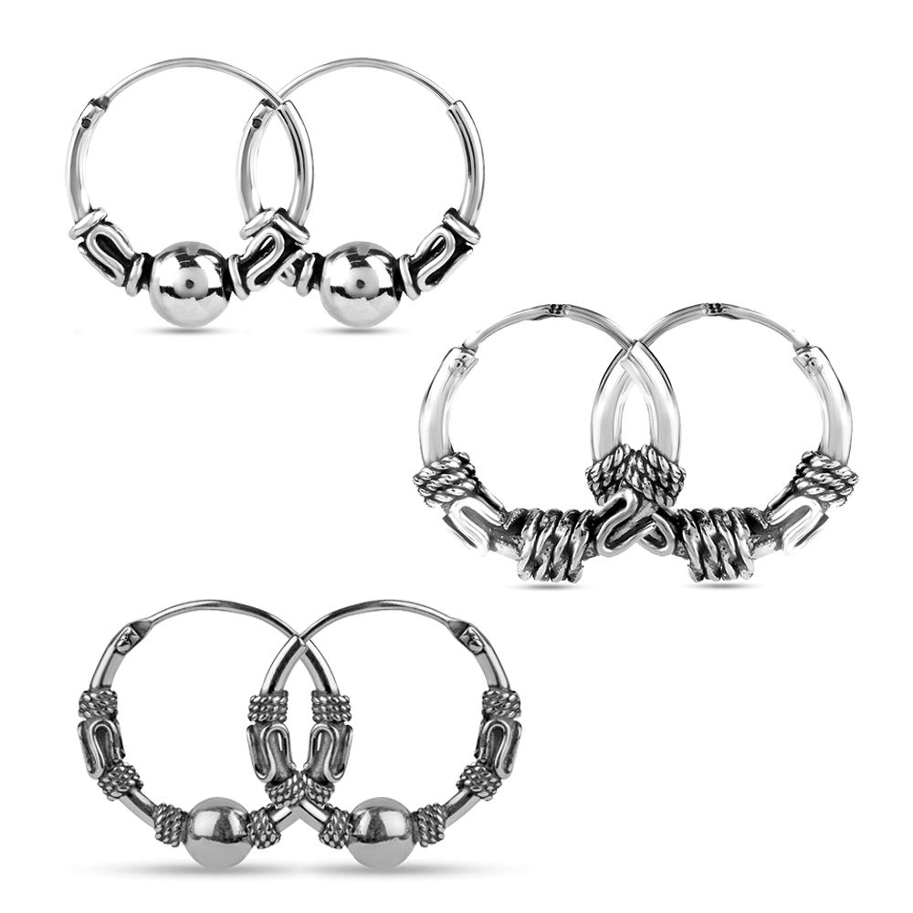 Set of 3 Pair 925 Sterling Silver Antique Endless Balinese Hoop Earring for Men Women 14mm | 15mm | 16mm