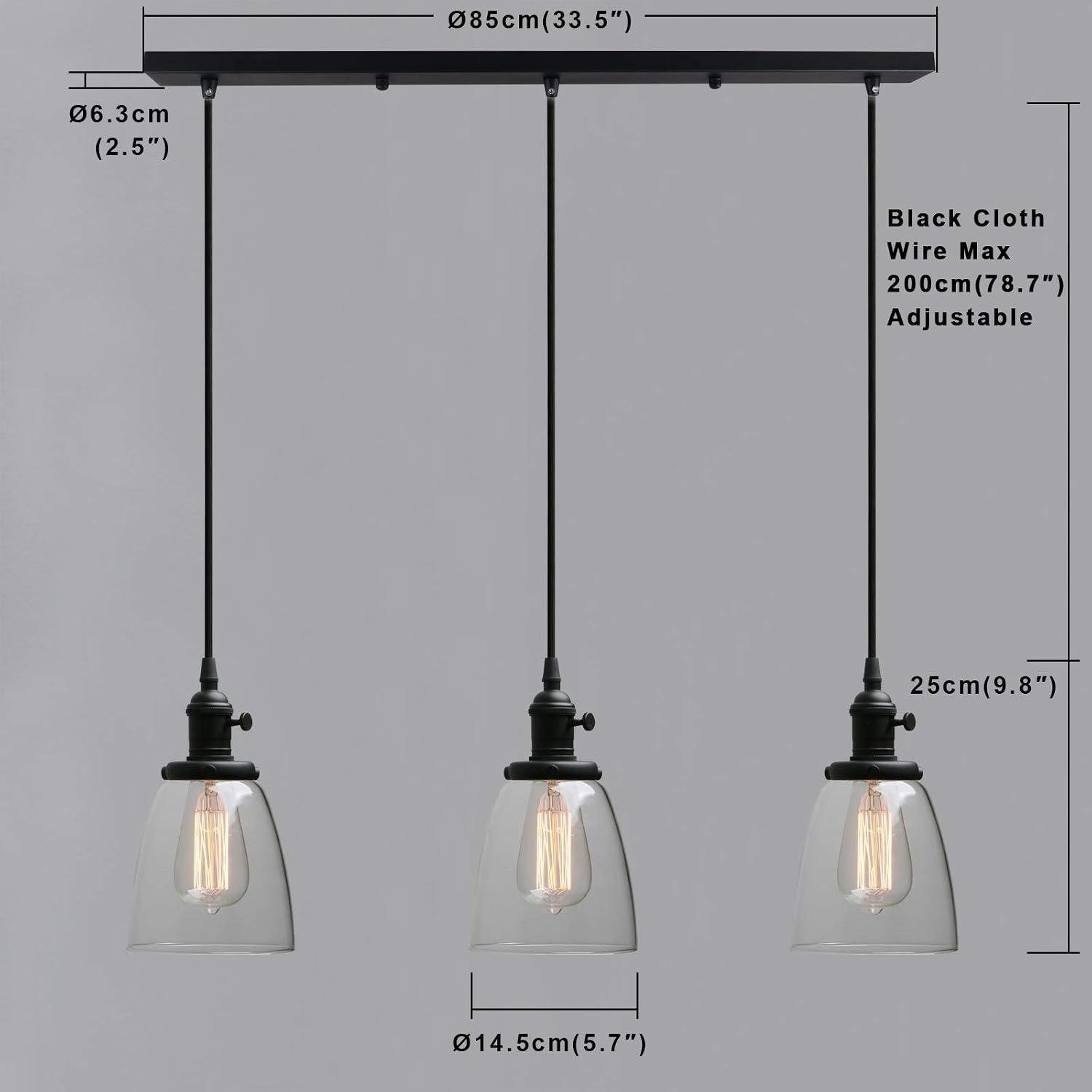 Phansthy Vintage 3 Way Chandelier with Switch, Pendant Light with Adjustable Cord and Glass Shade - Image 4
