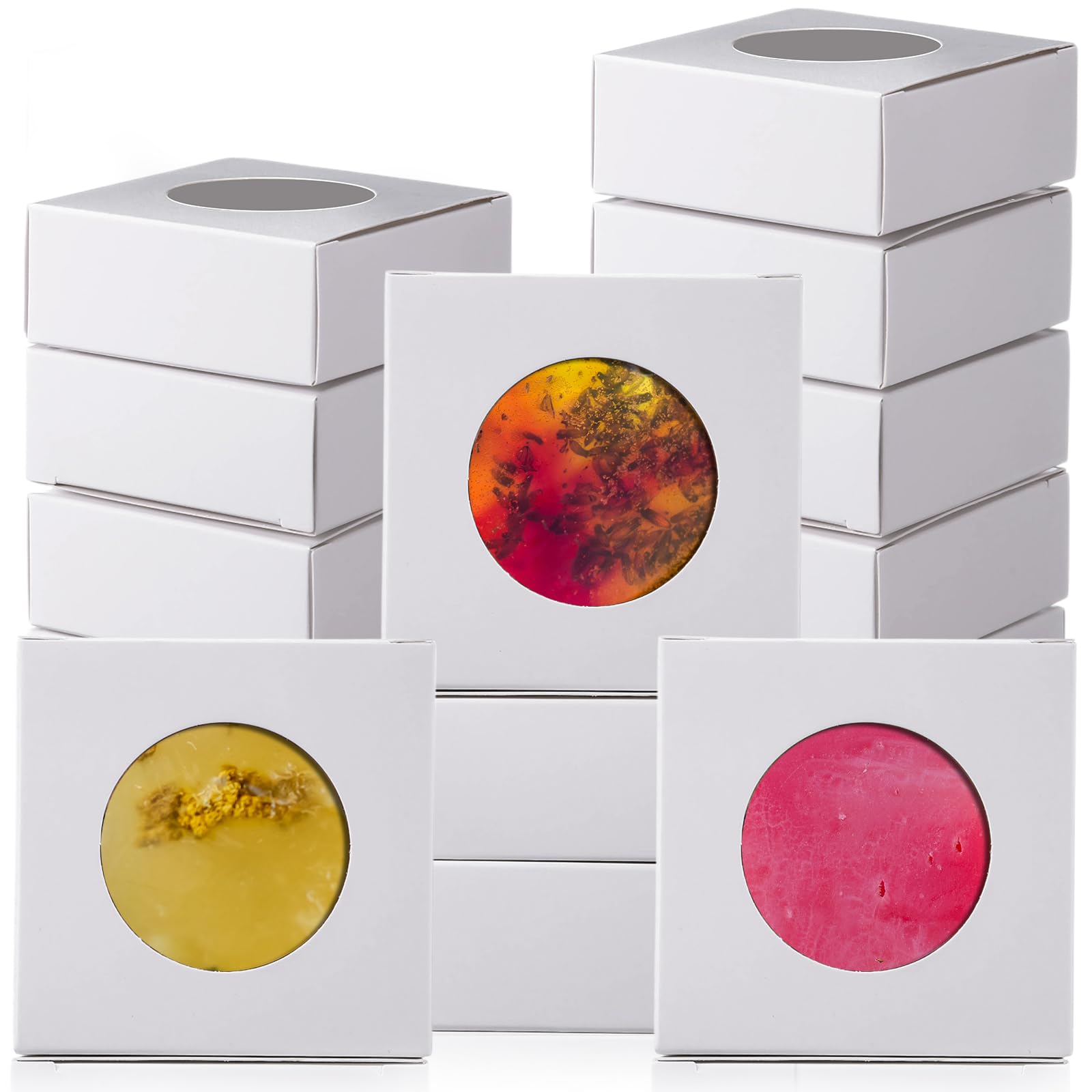 Photo 1 of TaoBary 100 Pcs Soap Boxes for Homemade, 3 x 3 x 1.2 Inch Small Paper Gift Packaging Boxes with Window, Gift Wrappers for Soap Packaging Making Party Favor(Round,White)
