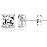 14k White Gold Princess Cut CZ Stud Earrings Real Gold Cubic Zirconia Studs with Solid Gold Backs Square