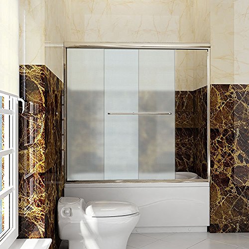SUNNY SHOWER Model# B020. Bypass Frameless Sliding Bathtub Doors. 60" Width, 1/4" Frosted Glass, Brushed Nickel Finish