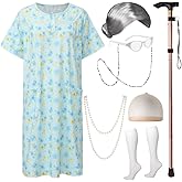 Gionforsy Womens Old Lady Costume 100 Days of School Granny Dress With Accessories Cane Wig Glasses for Halloween