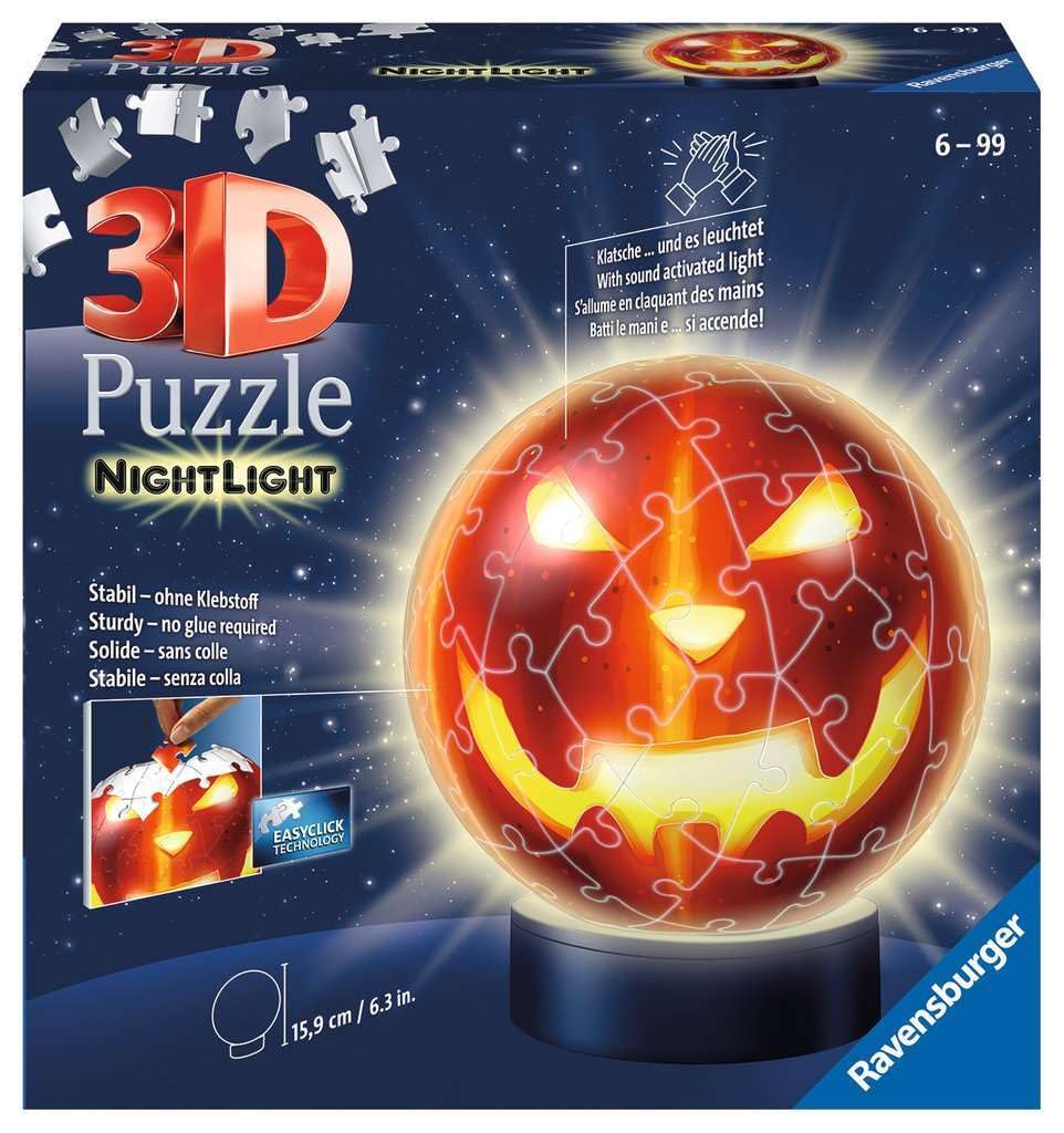 Ravensburger Halloween Pumpkin Shaped 3D Jigsaw Puzzle Ball for Kids Age 6 Years Up - 72-piece - with Lighting - No Glue Required, [Amazon Exclusive]