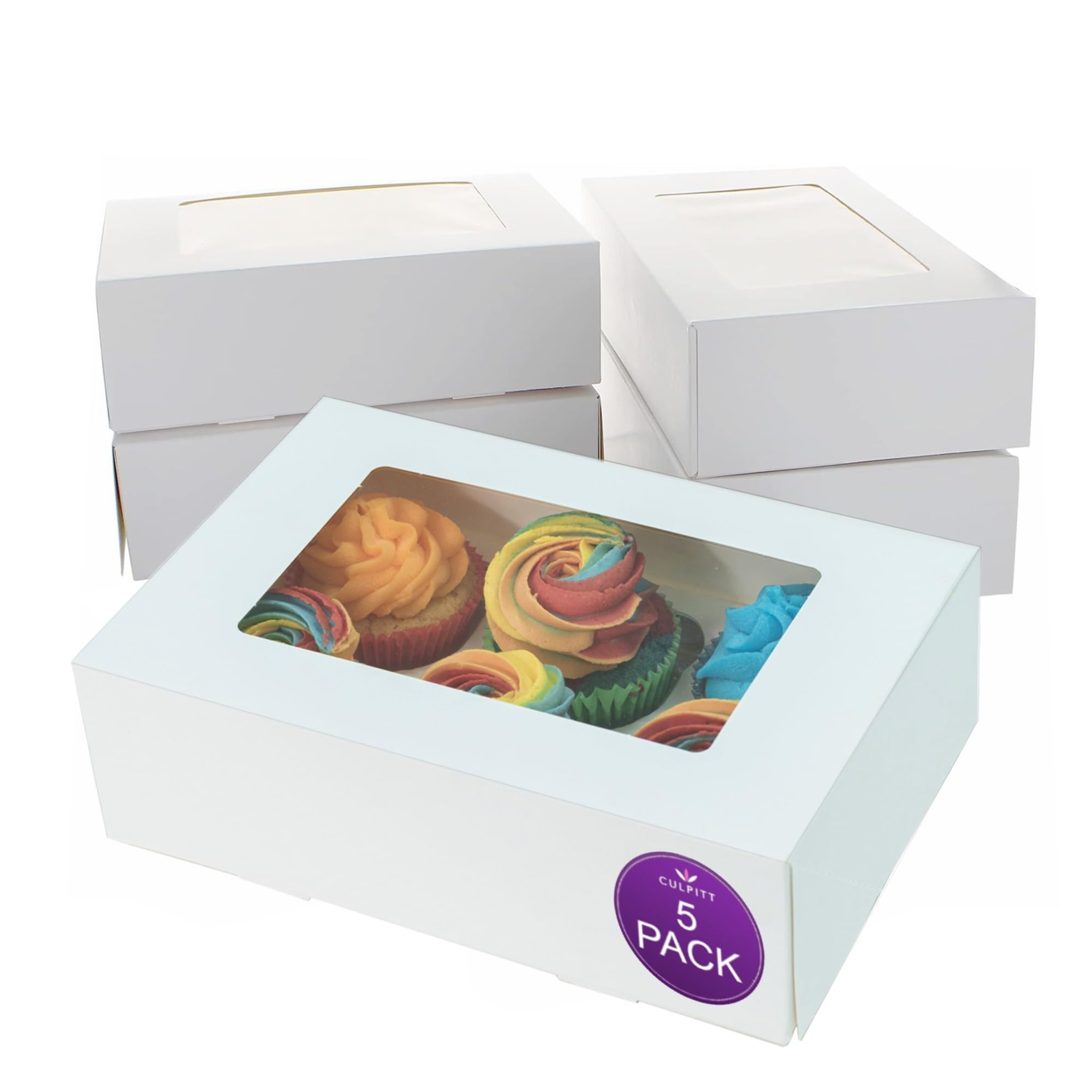 Culpitt 6 Hole Cupcake Boxes, 5 Pack, White Cupcake Boxes For Carrying And Displaying Tasty Muffins, Fairy Cakes, And Treats