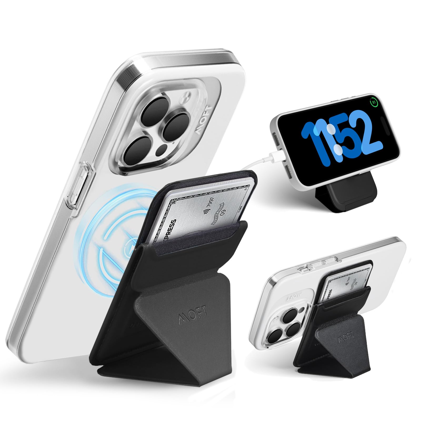 MOFT Snap On 【薄型＆43g超軽量＆カード最大3枚収納タイプ】 スマホスタンド エッジ加工 滑らかな手触り マグセーフ 対応 iPhone15 iPhone14 iPhone13 iPhone12 スマホスタンド ケース カバー Magsafe 対応 磁力吸着 脱着簡単 ヴィーガンレザー (ジェットブラック)商品画像