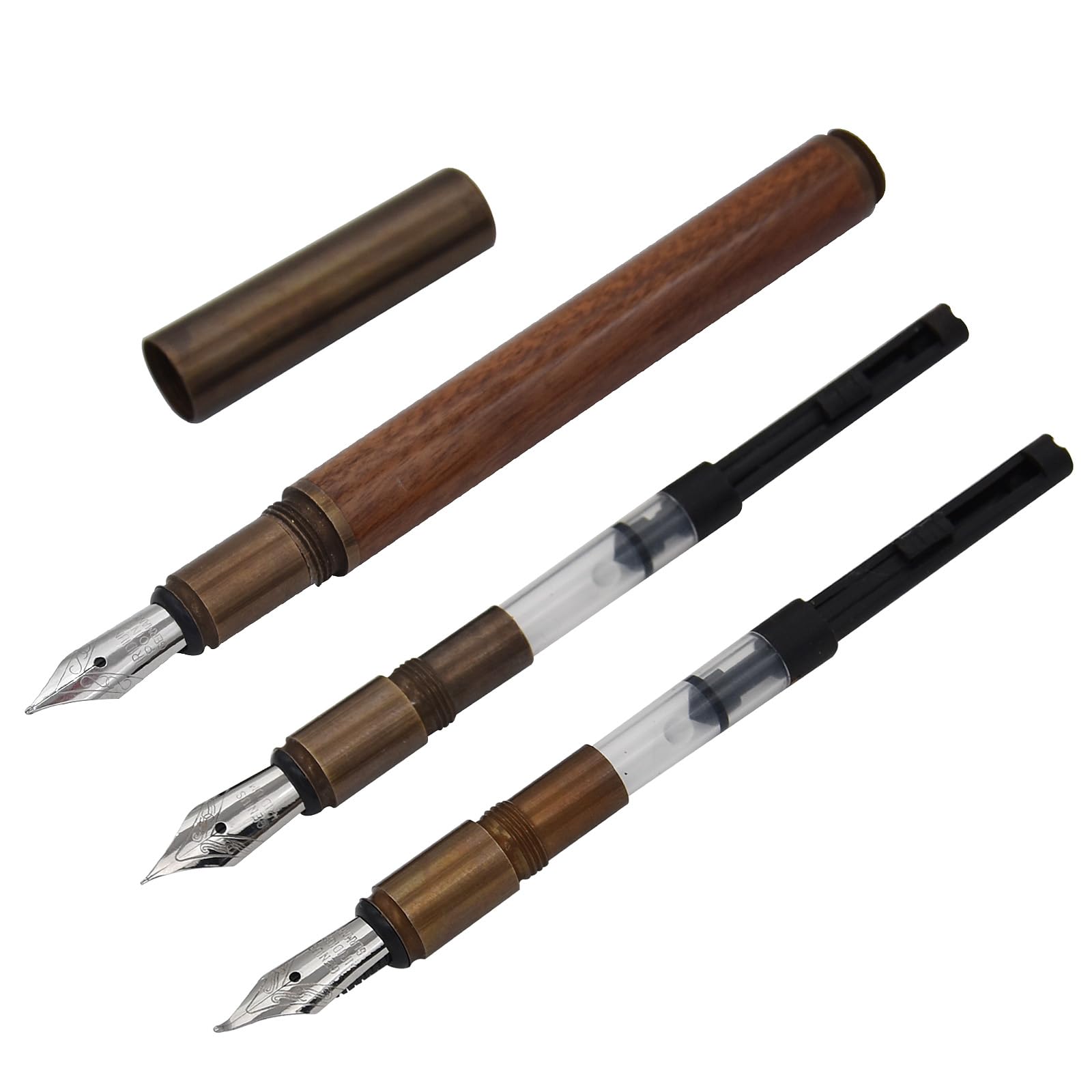 SIPLIV Handcrafted Wooden Brass Fountain Pen Short Paragraph (115mm) Pocket Travel Pen Business Pen Calligraphy Signatures Pen With 3 Different Pen Nibs - Bronze, Brown Stripes
