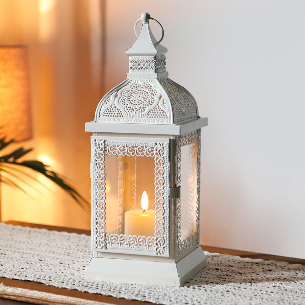 TRIROCKS Rustic Style Metal Candle Lantern 32cm High Decorative Hanging Candlestick Holder with Clear Glass Perfect for Living Room Garden Yard Patio Parties Events Indoors Outdoors (Cream)