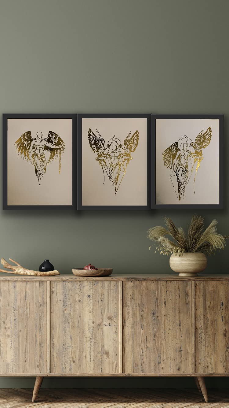 Set Of 3 Foil Prints, Angels, Male Angels, Abstract, Set Of 3 Pictures, Foil Print, Frames Included, Gifts For Her, Wall Hangings, Home Decor (A4)