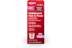 Amazon Basic Care Children's Pain Reliever Oral Suspension Liquid, Bubblegum Flavor, Acetaminophen 160 mg per 5 ml, Effective, Fever Reducer for Age 2-11 Years, Red, 4 fl oz (Pack of 1)