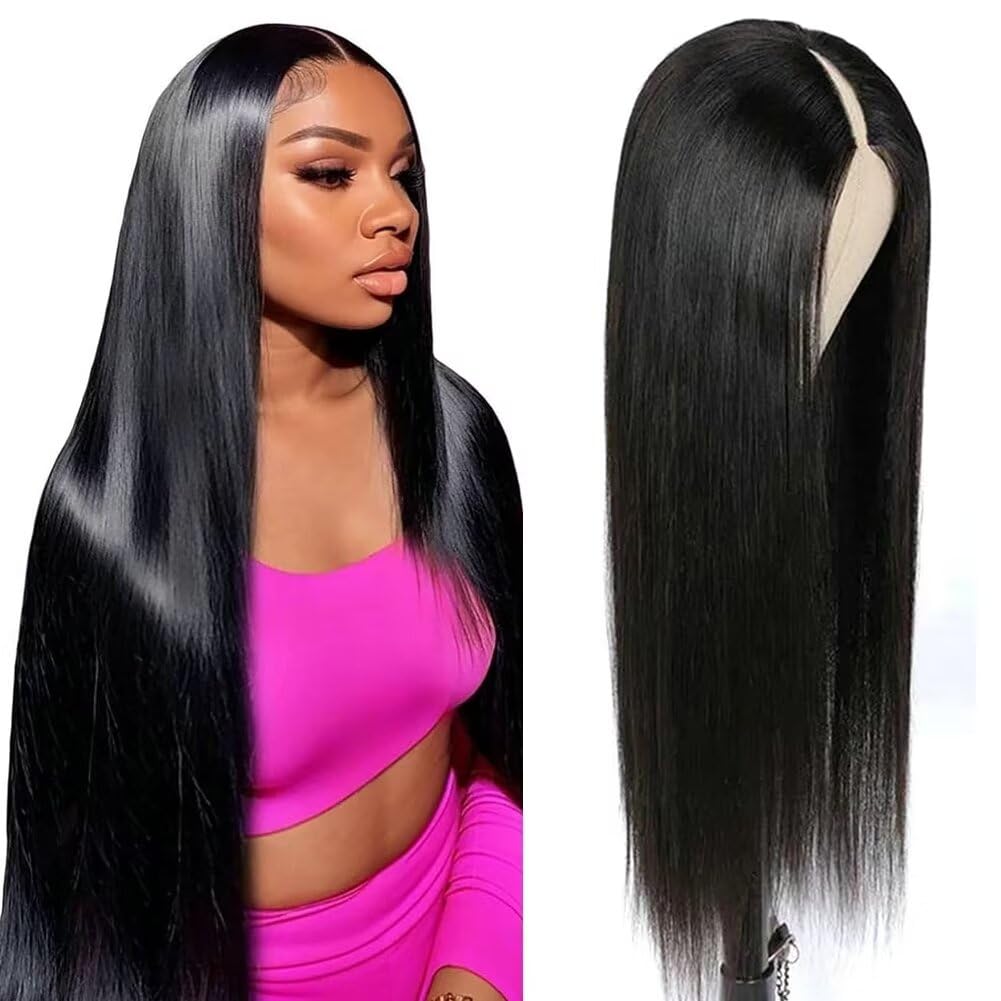 Straight Human Hair Wig V Part Wig Human Hair Wig Glueless Human Hair Wigs For Black Women Human Hair U Part Human Hair Wig Natural Black Color 20 Inch — image 1