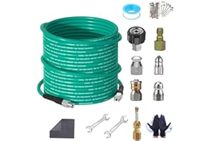 SITIMIMIL 50FT Sewer Jetter Kit for Pressure Washer,1/4‘’NPT Drain Cleaner Hose 5800PSI, with Adapter Corner Rotating Button Nose Sewer Jetting Nozzles Kit Pearl Corsage Pin Spanner Waterproof Tape