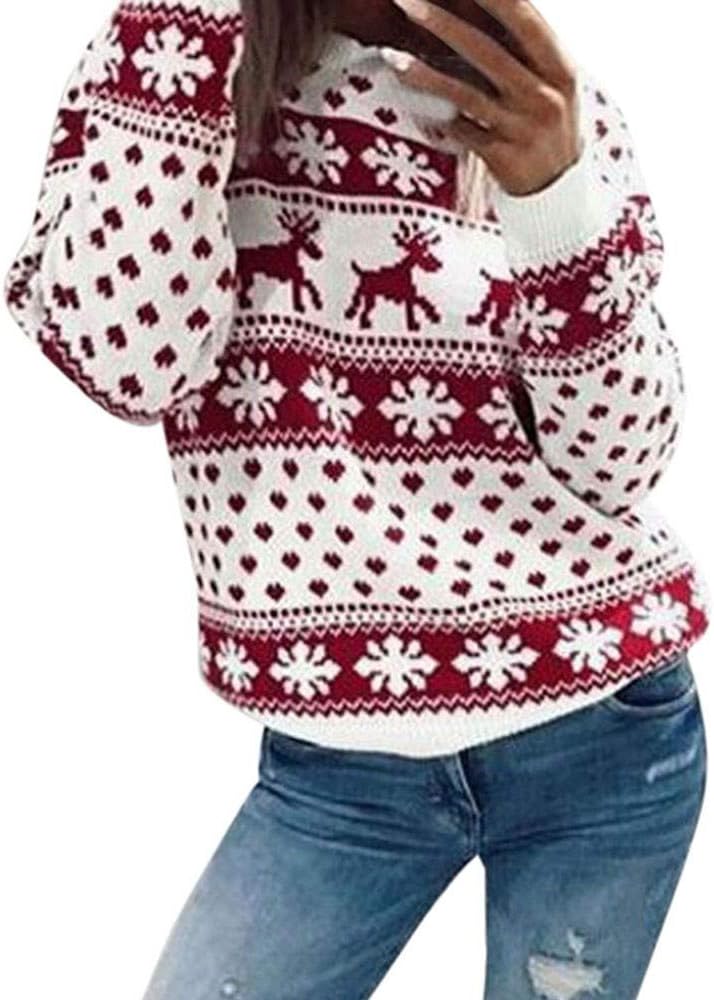 WUAI Women's Ugly Christmas Sweater Ladies Christmas Santa Claus Reindeer Snowflake Printed Xmas Pullover Tops
