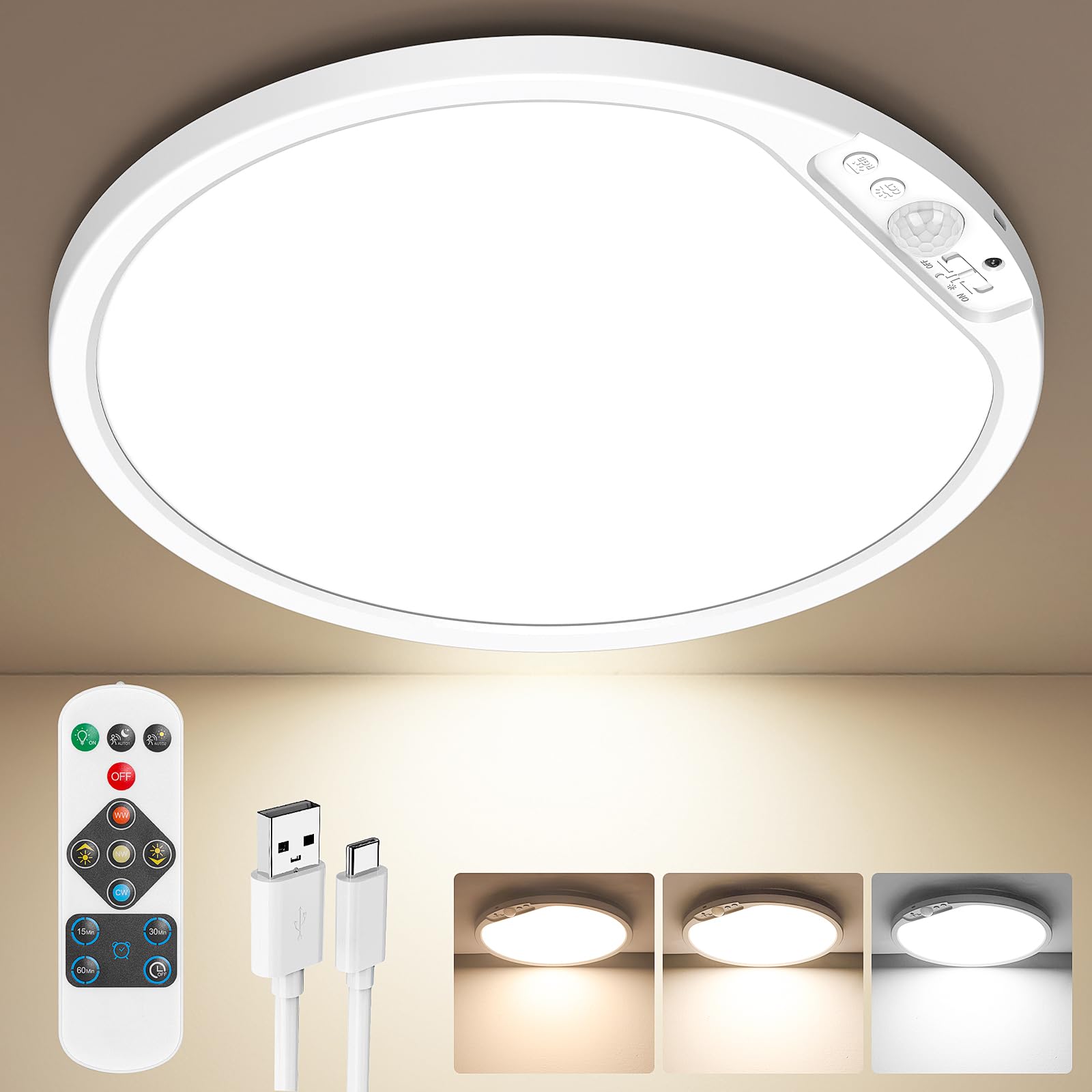 Photo 1 of 10000mAh Rechargeable Motion Sensor Ceiling Light with Remote, Battery Operated Closet Light No Wiring, Magnetic Wireless LED Ceiling Lights, 3 Color Overhead Lamp for Shower Office Pantry Hallway