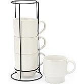 Signature Housewares Stackable Coffee Mug Tower Set with Metal Wire Rack - 15 Ounce Coffee Mugs for Coffee, Tea, Cocoa, Milk, Cappuccino, Hot Chocolate Set of 4 - White Glazed Ceramic