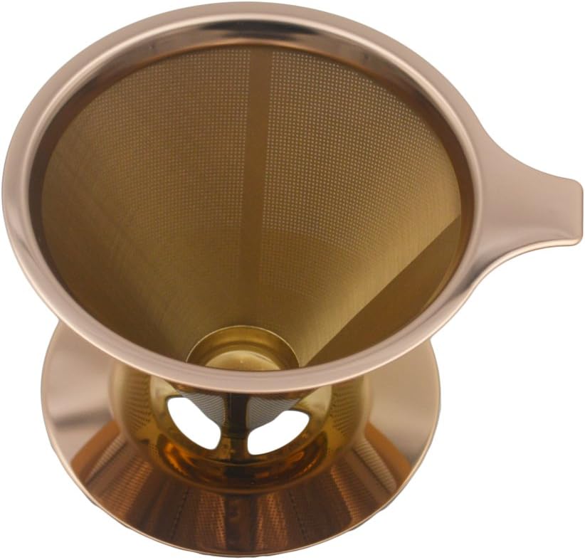 YUESHICO Cone Coffee Double layer Mesh Filter Reusable Coffee Dripper Pour Over with Stand Holder Cafe Tool (Copper Coating)