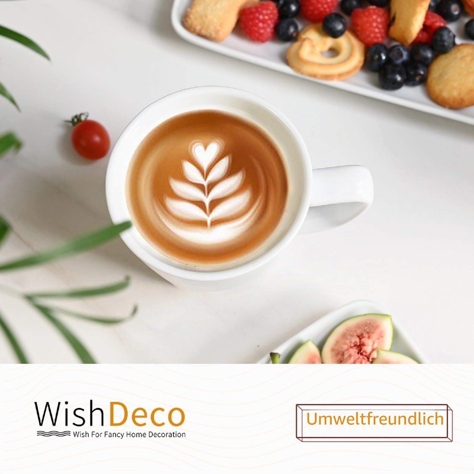 WishDeco Kaffeebecher 6er Set, Kaffeetassen Porzellan Weiß 400ml, Kaffee Tassen Groß mit Henkel, Tassen Set für Cappuccino Tee Milch Heißgetränke, Eckig Boden 9