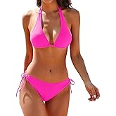 Women's Bikini Sets Two Piece Bathing Suits Sexy Textured Halter Padded Bikini Swimsuits Side Tie Thong Bottom Swimwear