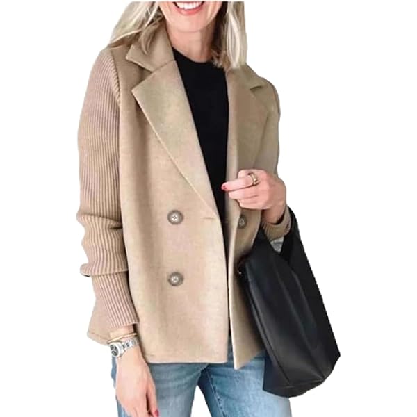 Manteau Court Femme Tricot à Revers – Style Blazer Décontracté, Manches Patchwork, Double Boutonnage