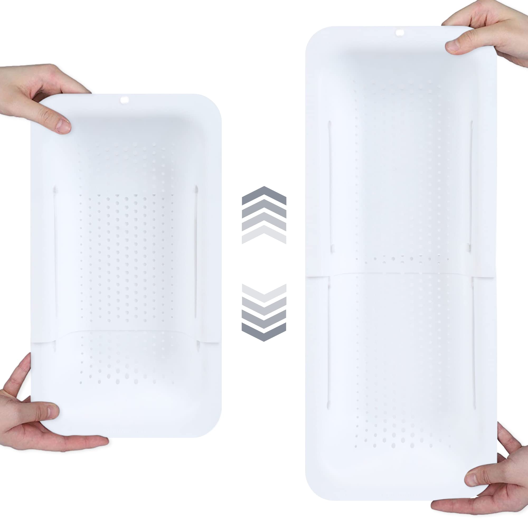 BLUE GINKGO Over the Sink Colander Strainer Basket - Wash Vegetables and Fruits, Drain Cooked Pasta - Extendable - Kitchen Essentials (7.9 W x 14.5-19.5 L x 2.75 H) - White