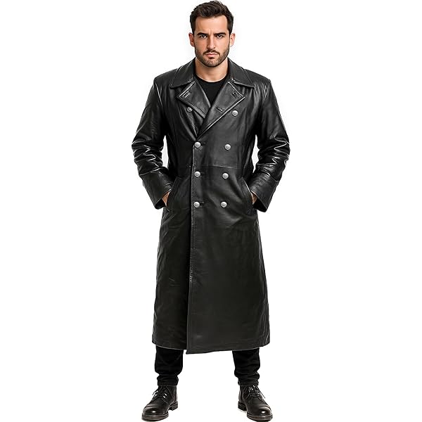 Men's German WWII Classic Officer Black Cowhide Leather Trench