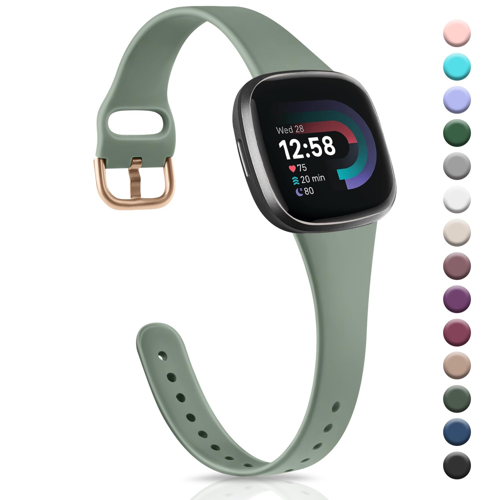 Strap compatible for Fitbit Versa 3 Straps/Sense/Sense 2 Strap for Women Men, Soft Slim Thin Silicone Replacement Band Wristband Watchband for Fitbit Versa 4 (Oliver green) — image 1