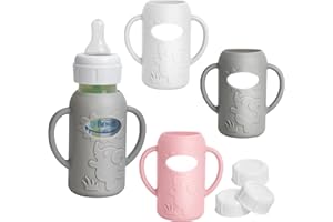 Joxodak 3 Pack Silicone Sleeves for Dr Brown Natural Glass Baby Bottles, Food Grade Anti Breakage Baby Bottle Holder with Handles and 3pcs Travel Bottle Caps (White+Pink+Grey, 4oz)